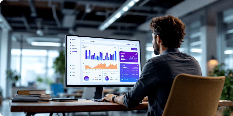 Man Is Working Computer With Graph Screen