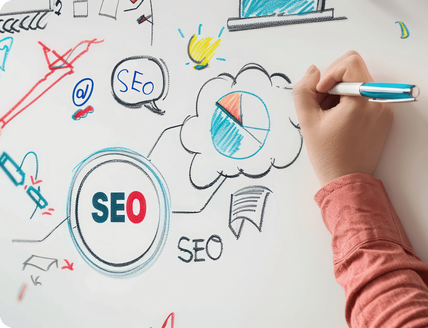 Person Drawing Seo Concept Map Whiteboard Connecting Different Seo Strategies