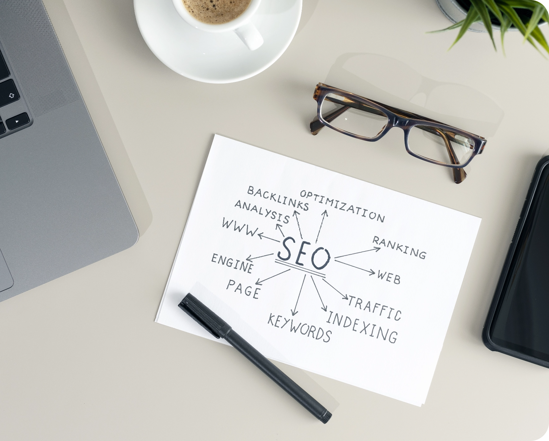 Working Desk With Paper Sheet With Seo Planning Search Engine Optimization Concept Flat Lay 2x Working Desk With Paper Sheet With Seo Planning Search Engine Optimization Concept Flat Lay 2x